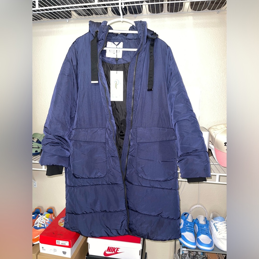 Etage Long Length Puffer Jacket Navy Blue Size 6